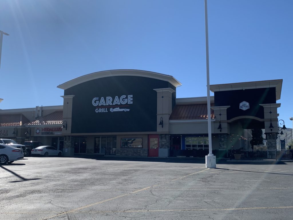 garage grill in draper utah exterior view from the parking lot looking at the north side of the building