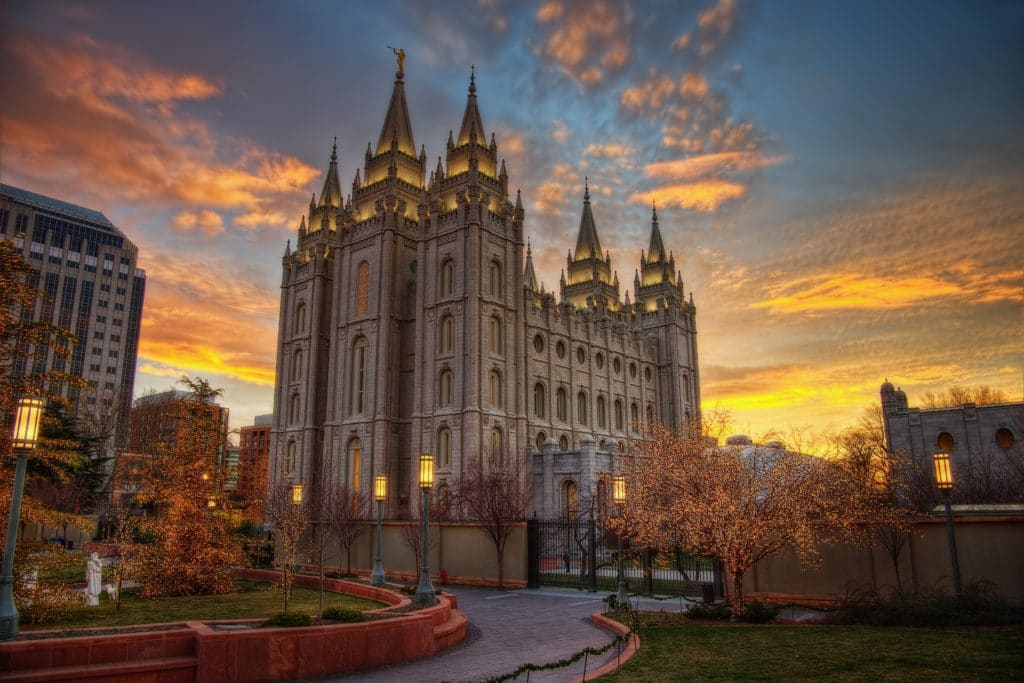 the LDS temple, a popular tourist attractions in salt lake city, utah, at twilight