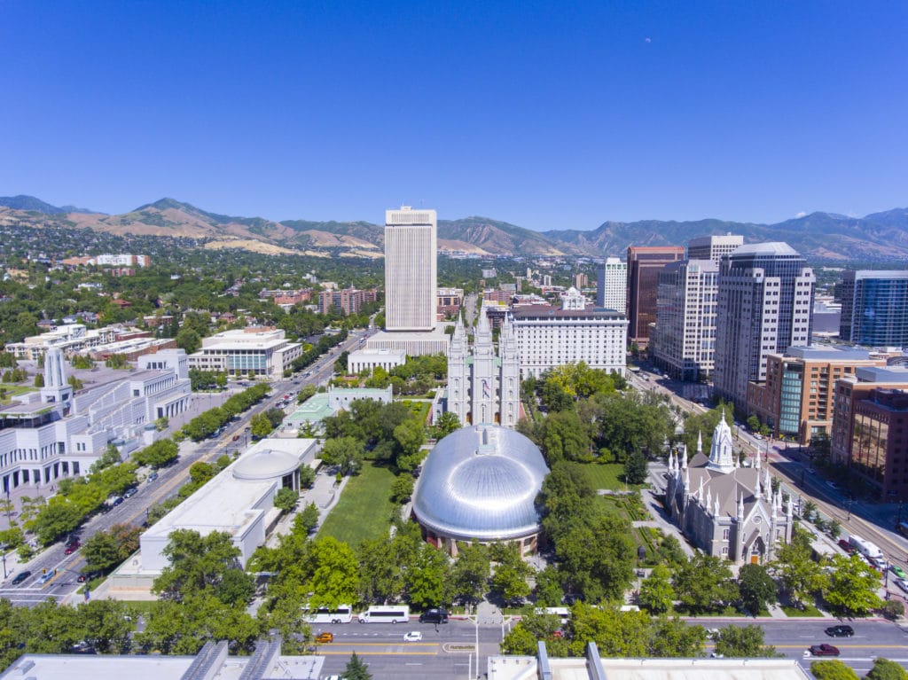 an aerial image of temple square, a popular tourist attractions in salt lake city utah