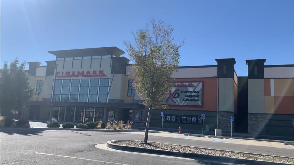 view of the cinemark movie theatre in draper utah from the parking lot